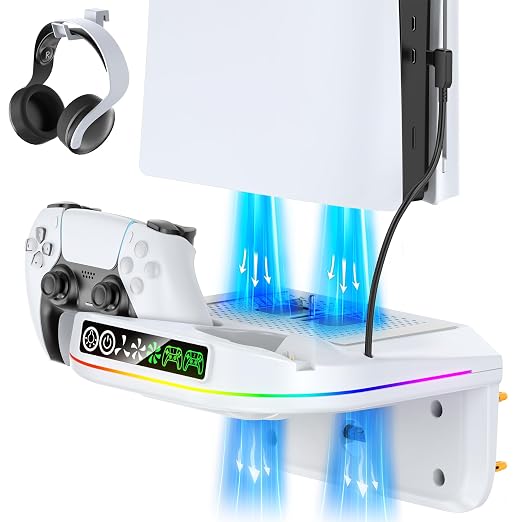 P5 Wall Mount Kit Cooling Station with Dual Controller Charger, Floating Shelf Behind TV for P5/Slim/Pro, Wall Bracket Compatible with P5 Disc & Digital, 9 RGB Lights P5 Fan Accessories, White by Tokluck