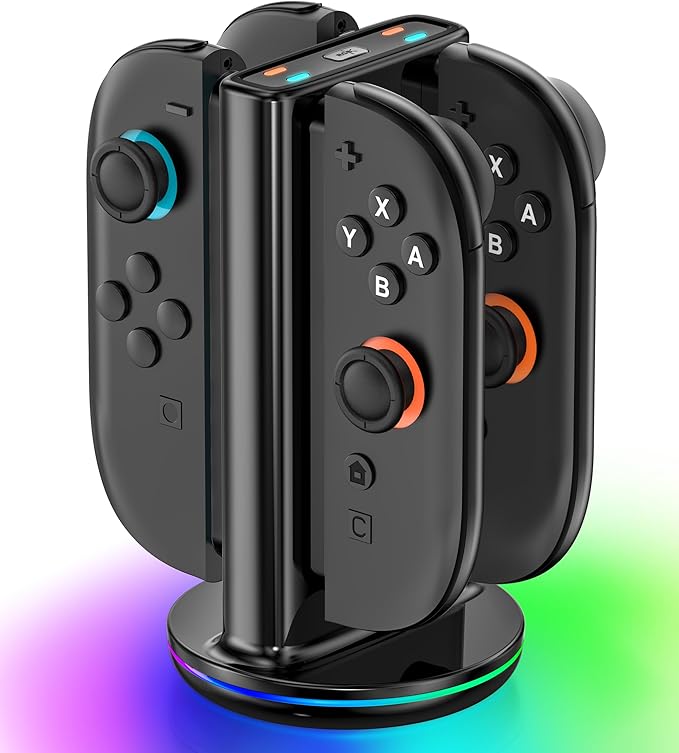 Switch 2 Joycon Charger with 9 RGBs, Switch 2 Controller Charger with Magnetic & Bi-Directional Design, 4 in 1 Joycon 2 Charging Dock Station Stand with Cable for Sega Genesis Console by Rysker