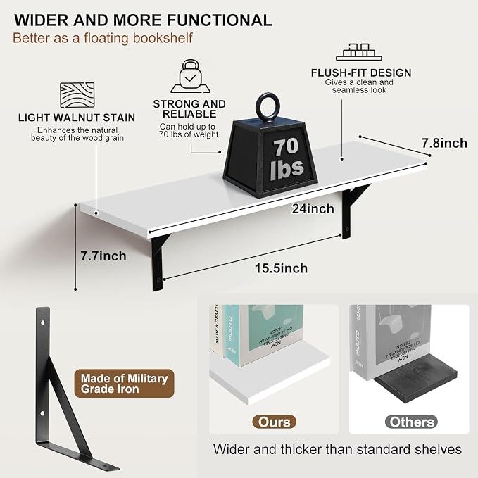 Tectocker-DOU 24" Long Floating Book Shelves for Wall, Heavy Duty, White - Image 3