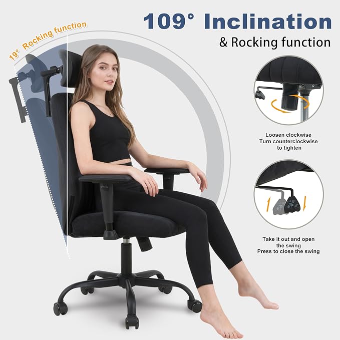 Office Chair Ergonomic with 109° Rocking Function, Breathable Suede Fabric, Integrated Lumbar Support, Adjustable Headrest & Armrests, Swivel Desk Chair - Image 4