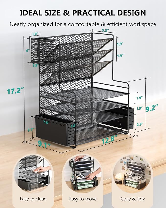 WALI Desk File Organizer, 7 Tier Desktop Paper Letter Tray Organizer with Drawer and 3 Pen Holders, Office Desk Accessories & Workspace Organizers for Office, Home, School Supplies, 1 Pack, Black - Image 8