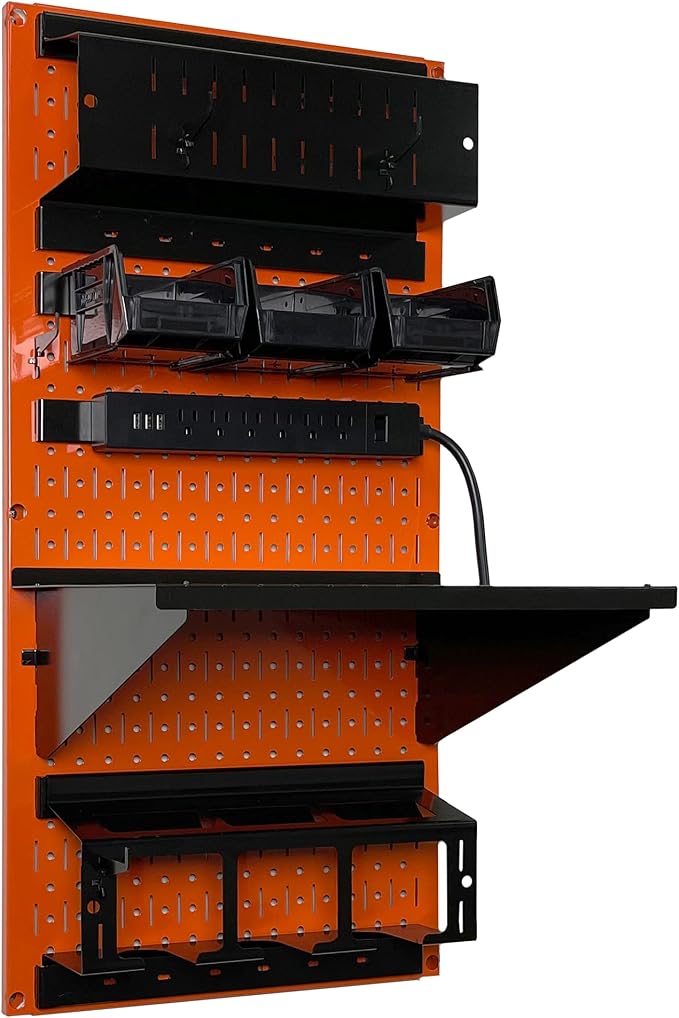 Wall Control Power Tool Storage Organizer Kit Cordless Drill Holder Charging Station Rack 16” x 32” Metal Pegboard Organization System (Orange Pegboard) - Image 2