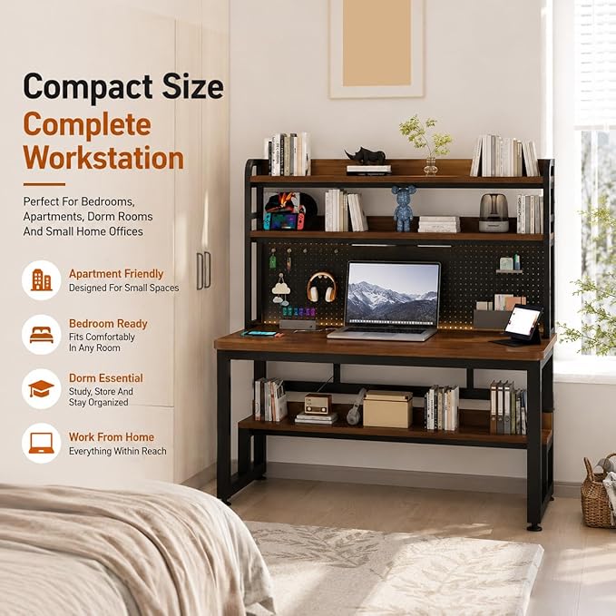 Computer Desk with Power Outlet & LED Lights | 47 Inch Gaming Desk with Hutch & Pegboard, Home Office Desk with Storage Shelves for Bedroom, Study (Brown, 47 Inch) - Image 3