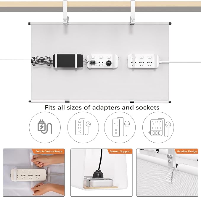 Under Desk Cable Management Tray, 28" Fabric Wire Cord Organizer, White - Image 2