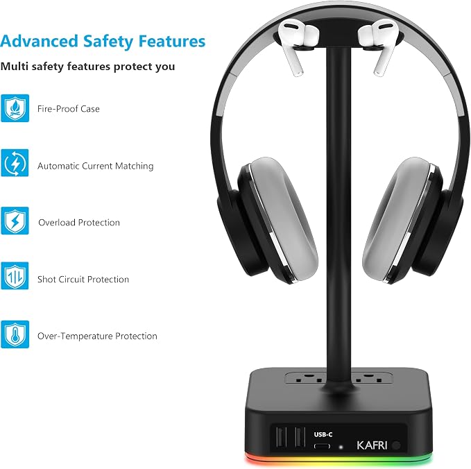 KAFRI RGB Headphone Stand with USB A&C Charger Desk Gaming Headset Holder Hanger Rack with 3 USB Charging Port and 2 Outlet - Suitable for Gamer Desktop Table Game Earphone Accessories Boyfriend Gifts - Image 6