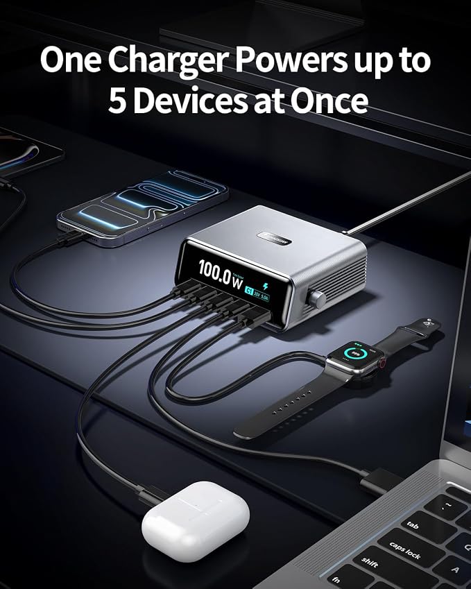 100W 5-Port GaN USB C Charging Station with LCD Smart Display & Control Knob, Desktop Fast Charger for Multiple Devices, Compatible with MacBook, iPhone, iPad, Galaxy, Home Office,Gaming Accessories - Image 4