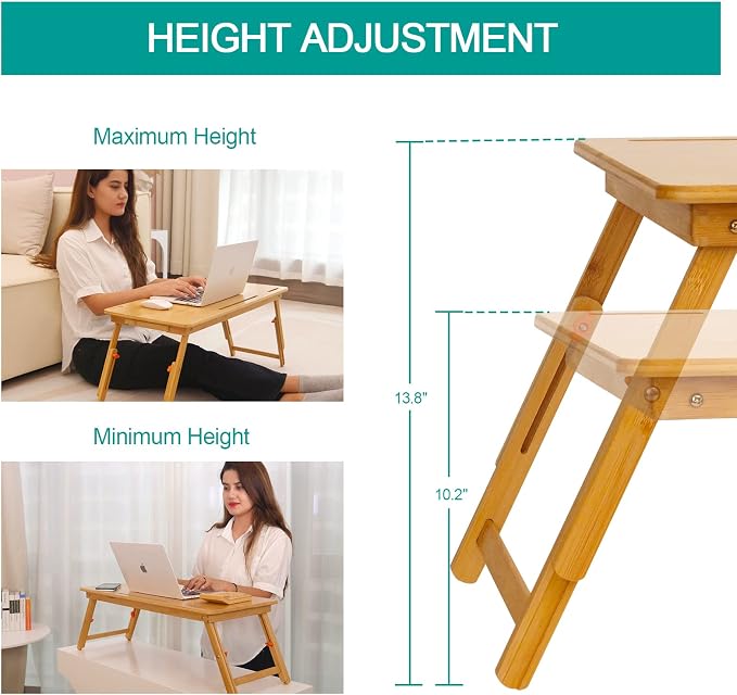 Lap Desk COIWAI Laptop Table Bamboo Writing Eating Bed Tray Adjustable Angle Height Foldable Desk Tray with Tablet Slot Drawer Breakfast Coffee Tea Table for Sofa Couch Floor Large Size - Image 5