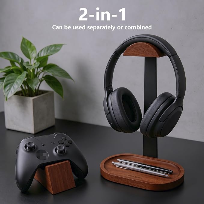 Wooden Headphone Stand for Desk,Controller Stand for Desk with Storage Base | Controller and Headset Stand,Headset Holder with Gaming Controller Holder (Walnut) - Image 2
