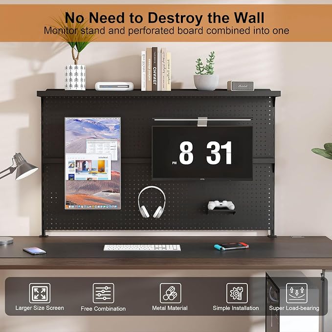 Majnesvon Clamp On Pegboard-Metal Office Pegboard Organizer with Monitor Stand, Peg Board Gaming for Desk with Hooks & Movable Partition, Office Storage Shelf for Workstation Setup (Black 59x35 Inch) - Image 7