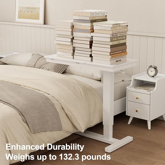 Muwuele Solid Wood Overbed Bedside Table with Wheels, Adjustable Medical Tilt Top Hospital Bed Table Over The Bed, Rolling Laptop Desk, Mobile Standing Desk for Hospital and Home Use (White) - Image 9