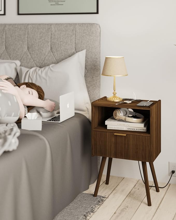 JOONEE Nightstand with Outlet,Modern Bedside Table with Storage Drawer and Open Wood Shelf, for Living Room, Bedroom and Small Spaces, Accent Night Stand with Solid Wood Legs, Easy Assembly,Brown - Image 3