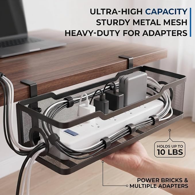 Under Desk Cable Management Tray, No Drill Cable Organizer for Desk, Metal Wire Management Basket with Clamp Mount, Cord Organizer Holder for Standing Desk, Home Office and Gaming Setup - Image 4
