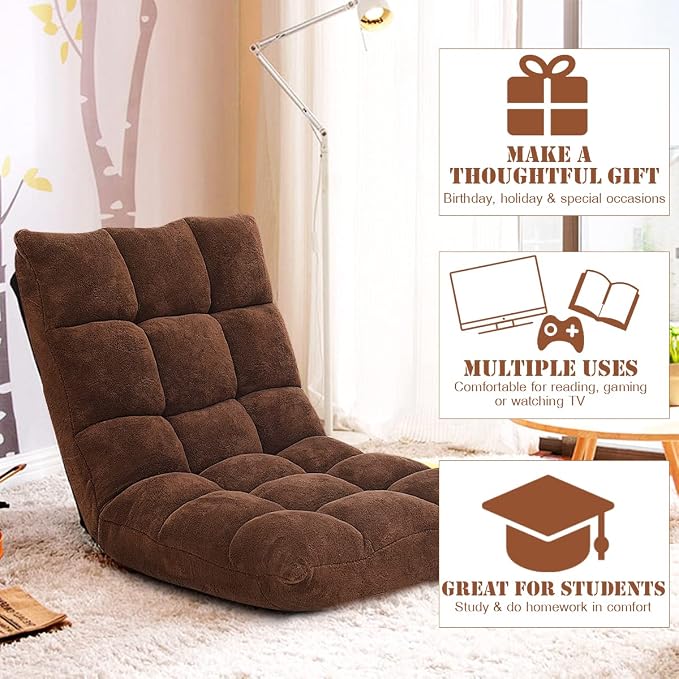 GIANTEX Floor Chairs for Adults, Floor Gaming Chair w/Back Support (Coffee) | Coral Velvet, 14 Adjustable Position, Thick Sponge Padding, Floor Seating Lounge for Reading, Watching TV, Meditation - Image 6