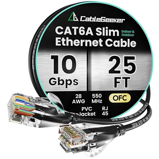 CableGeeker Cat 6A Slim Ethernet Cable 25ft, 10Gbps, Black by CableGeeker