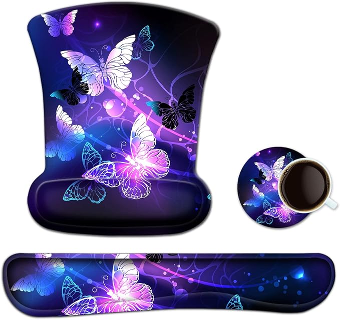 ToLuLu Keyboard Wrist Rest Pad Ergonomic Mouse Pad Set, Gel Mouse Pad for Computer Laptop, Non Slip Mousepad Keyboard Wrist Support Raised Memory Foam for Easy Typing Pain Relief, Art Butterflies by ToLuLu