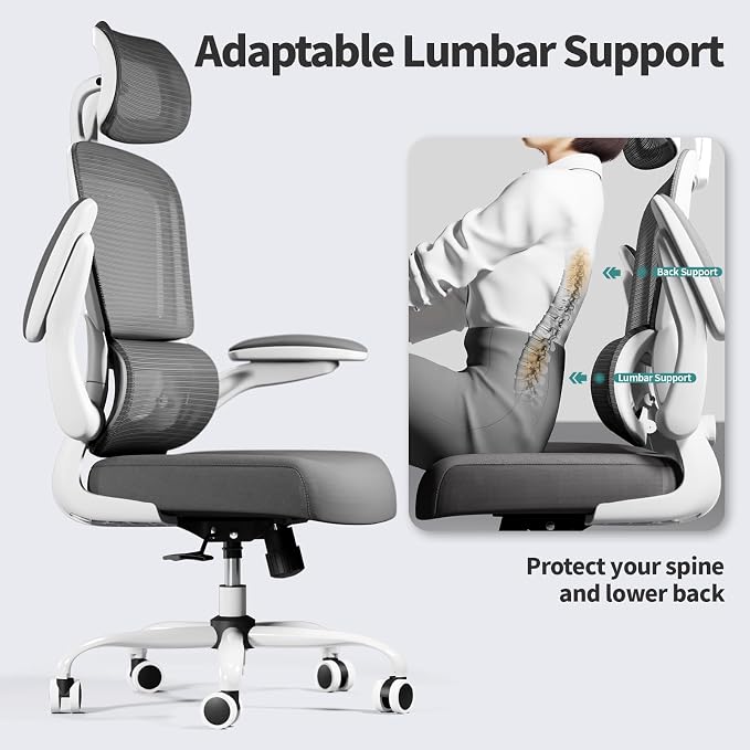 TRALT Office Chair Ergonomic Desk Chair - Gaming Chair with Lumbar Support (5, White) | 330 LBS Home Office Desk Chairs with Headrest, Reading Chair with Flip-up Armrests, Comfortable Computer Chairs (5, White) - Image 6