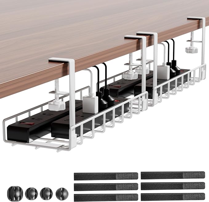 Under Desk Cable Management Tray 2 Pack, Xpatee Upgraded Wire Management No Drill No Screws, Cable Tray with Clamp for Wire Organizers, Computer Cord Rack for Office, Home - No Damage to Desk White by Xpatee