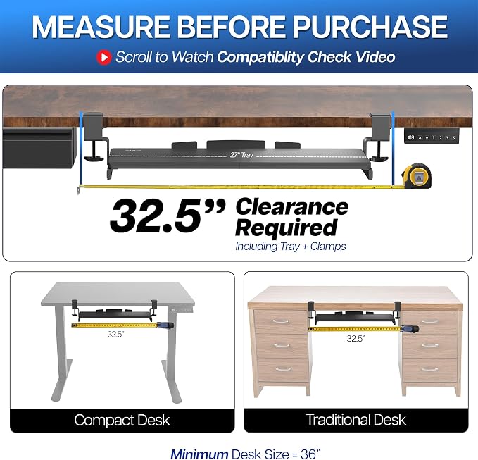 VIVO Large Keyboard Tray Under Desk Pull Out with Extra Sturdy C Clamp Mount System, 27 (33 Including Clamps) x 11 Inch Slide-Out Platform Computer Drawer for Typing, Black, MOUNT-KB05E - Image 5