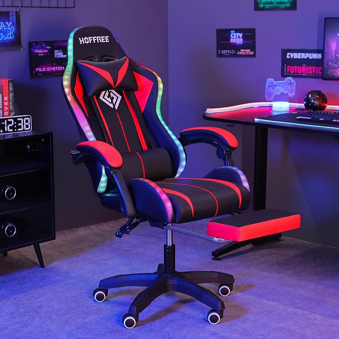 RGB Gaming Chair with LED Lights Massage Ergonomic Computer Chairs-Red | High Back Video Game Chair with Footrest & Adjustable Lumbar Support Gamer Chairs for Adults Racing Style Recline - Image 7
