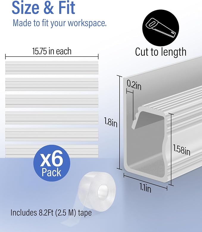 6 Pack Cable Management Under Desk, Open J Channel Raceway, Cord Organizer Tray for Desk, No-Drill Cable Hider for Desk & Wall, Wire Management Kit, Flame-Retardant PVC, 94.5" Total, White - Image 7