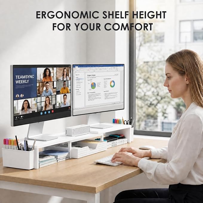 OPNICE Desk Organizers and Accessories, Dual Monitor Stand Riser with Drawer and 2 Pen Holders, Desk Shelf Computer Racks for Office Workspace Organizers, Desktop Organization (White) - Image 2