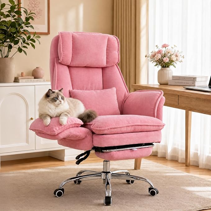 Office Chair with Flip Armrests & Foot Rest,Criss Cross Legged Home Office Desk Chair with Pet Seat,Ergonomic Reclining Computer Gaming Chair,High Back Executive Chair with Lumbar Pillow (Pink) by BOWTHY