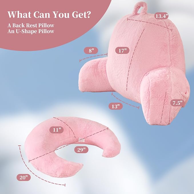 17" Reading Pillow for Bed,U Shaped Arm & Elbow Support,Pink Faux Fur | Backrest Supports Back,U Shaped Lap Pillow Cushions Arms,Elbows & Wrists,Plush Faux Fur for Reading,Gaming,Watching TV - Image 3