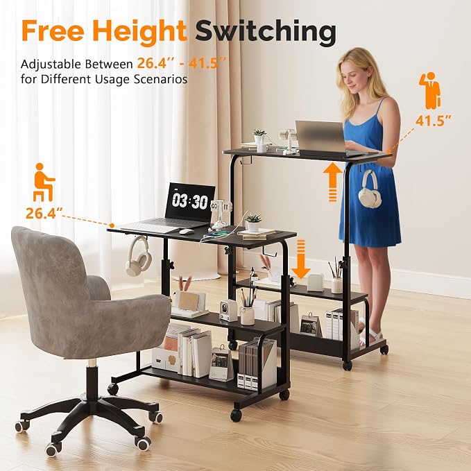FCH 31.5" Mobile Small Standing Desk, Adjustable Height Mobile Computer Desk, w/2 AC Outlets + 3 USB Ports & Hooks, Storage Shelves, Suitable for Gaming, Studying, Home Office, Black - Image 4