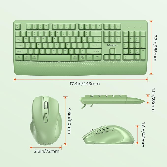 MEETION Wireless Keyboard and Mouse Combo, Full-Size with Wrist Rest, Green - Image 4