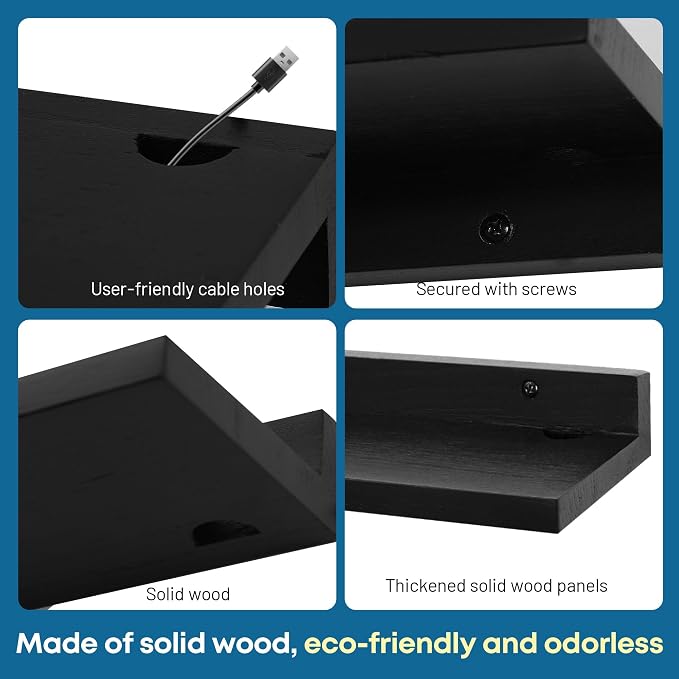 Small Floating Shelf for Wall,9X5 Inch Wall Mounted Shelf with Cord Hole,Small Display Shelves for Cameras, Webcam, Router,Smart Speaker,Action Figures-2 Pcs(Black - Image 5