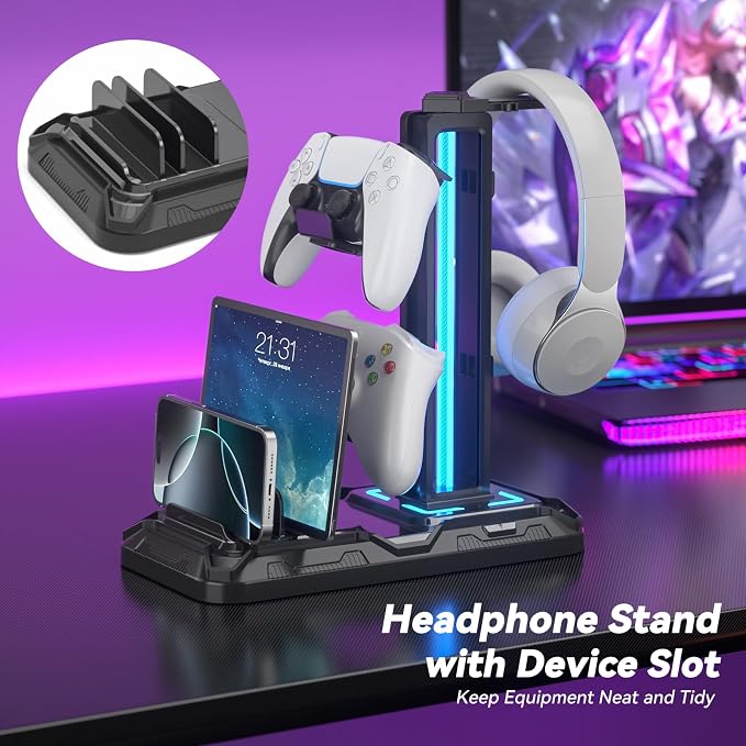 KDD Headset Stand with Charging Station - Detachable Controller Holder with 9 Light Modes - Rotatable Headphone Hanger with USB A&C Charger Ports - Earphone Hook for PC Gaming Accessories Storage - Image 2