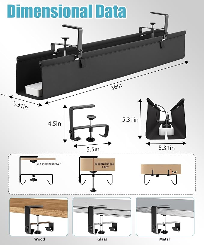 Oxford Cloth Under Desk Cable Management Tray,No-Drill 36" Desk Cable Management Organizer with Clip/Screw Installation,Fabric Cable Management for Home,Office & Gaming Computer(Black) - Image 4
