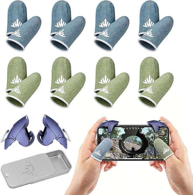 JWH 16 PCS Mobile Gaming Finger Sleeves for Dedales Gamer Profesionales Silver Fiber Thumb Sleeves with Pubg Controller Anti Slip Sweat Proof Finger Gloves (8XBlue+8XGreen+Box+Game Controller) by JWH