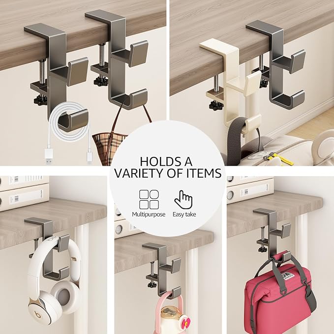 2 PCS Desk Bag Hook, Purse Hook for Table, Aluminum Under Desk Handbag Hanger, Desk Mount Backpack Holder, Umbrellas, Headphone Holder, Back to School Essentials - Black+White - Image 3
