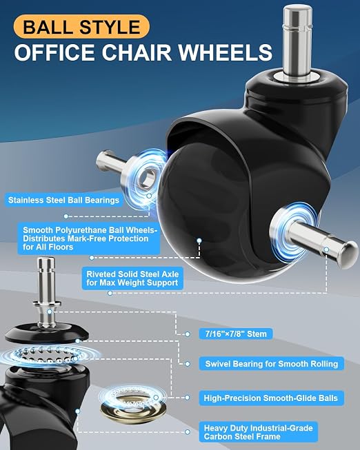 RidRed Office Chair Wheels Replacement Heavy Duty 2 Inch Roller Blade Wheels for Carpet Hardwood Floors,Support 2000 LB, Rubber Rollerblade Desk Chair Casters, Standard Stem Universal Fit, Set of 5 - Image 2