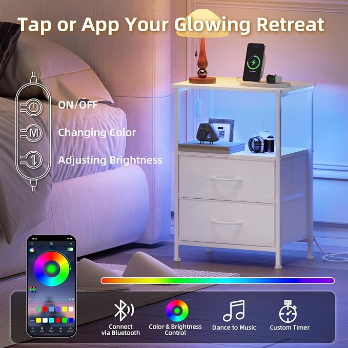 Somdot Nightstand with 2 Drawers, Charging Station & LED Light - Image 4