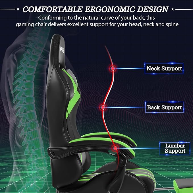 RGB Gaming Chair with LED Lights Massage Ergonomic Computer Chairs-Green | High Back Video Game Chair with Footrest & Adjustable Lumbar Support Gamer Chairs for Adults Racing Style Recline - Image 6
