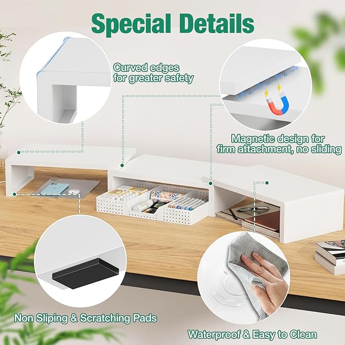 OPNICE Dual Computer Monitor Stand Riser, Desk Organizer with Drawer, Office Desk Accessories & Workspace Organizers for Home Office Supplies, White - Image 3