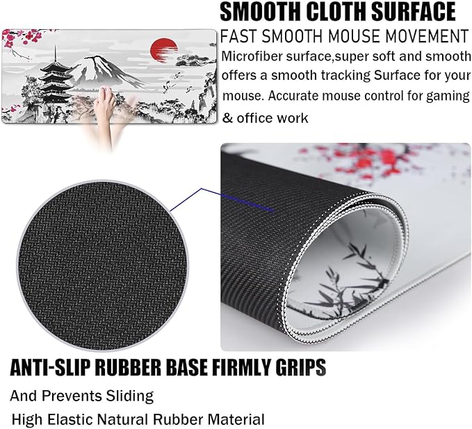 Japanese Landscape Large Mouse Pad Large Extended Mouse Pad | Home Office Gaming Work 35.4x15.7 inch Big Computer Mousepad Waterproof Non-Slip Rubber Mice Pads Stitched Edges - Image 4