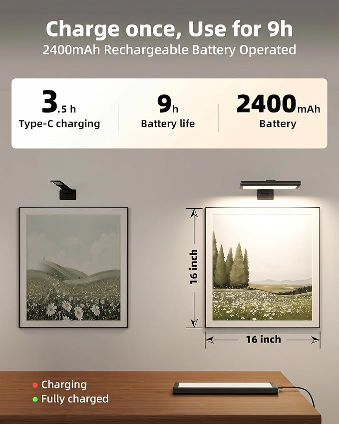 EZVALO Picture Light for Wall, Rechargeable 2400mAh Lights Wireless with IR Remote, 3 Color & Dimmable Magnetic 7.87'' LED Lights Display for Painting, Living Room, Gallery, Bedroom Art(Black-2P) - Image 4