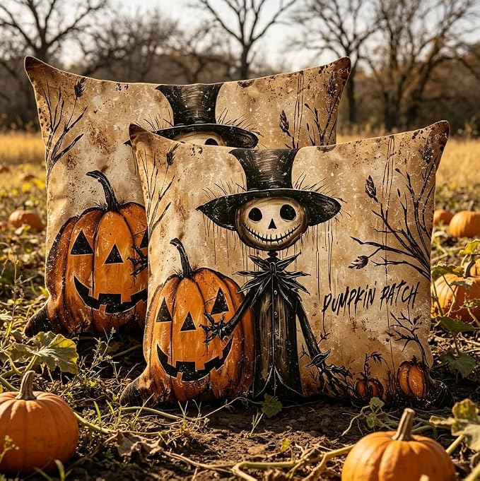 Halloween Throw Pillow Covers, Pumpkin Ghost Skeleton Design, Linen, 18x18 Inch, Set of 2, Farmhouse Style, Living Room Decor - Image 2