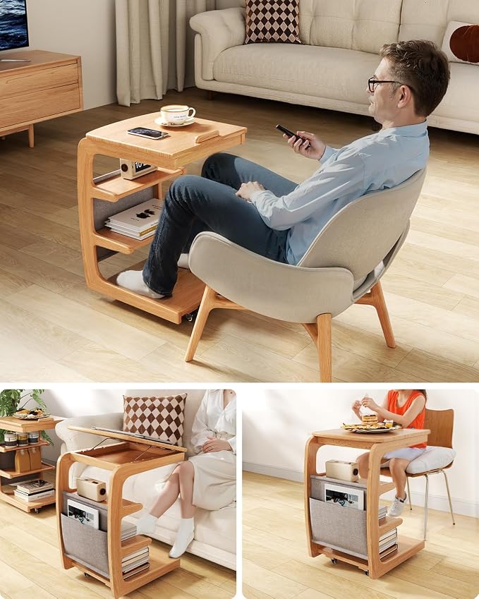 AQIMUELE Wooden C-Shaped End Table,Couch Desk with 2 Lockable Wheels,4-Tier Couch Table with Storage Bag,Small Rolling Side Table Tv Trays for Couch, Living Room,Bedroom (Natural) - Image 7