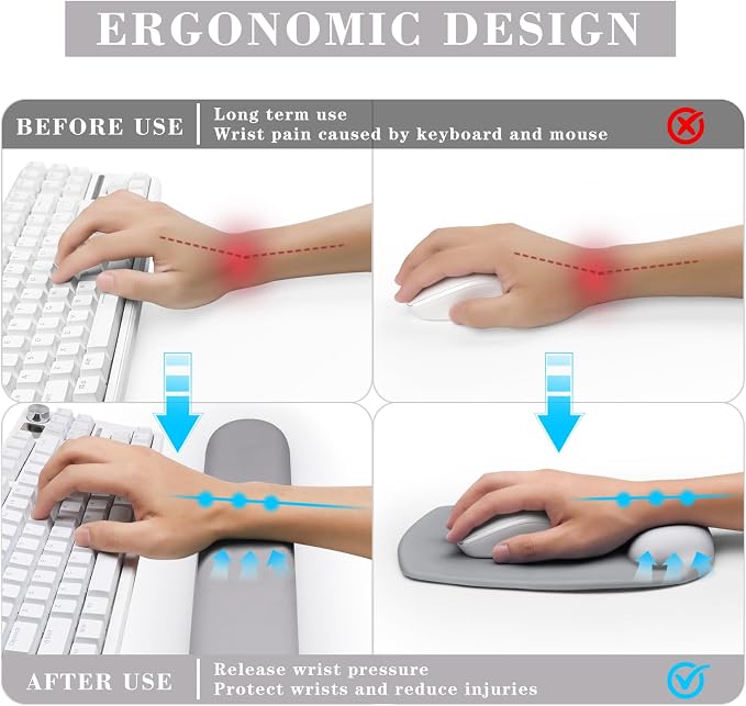 Wrist Rest for Keyboard and Mouse, Ergonomic Gel Computer Keyboard Wrist Rest with Memory Foam, Keyboard Wrist Support Pad for Long Hours of Work, Gaming, Studying-Relieve Wrist Pain (GD-Light Grey) - Image 2