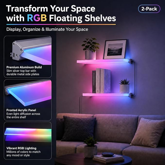 RGB LED Floating Shelves, 2-Pack, App Control, Gaming Room Decor - Image 9