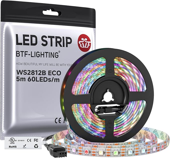 BTF-LIGHTING WS2812B ECO RGB LED Strip,UL Listed,Individually Addressable,16.4FT 60LED/m 300Pixel DC5V 5050SMD,Alloy Wire Flexible 3M Tape for DIY Chasing Color Project IP65(No Adapter or Controller) by BTF-LIGHTING