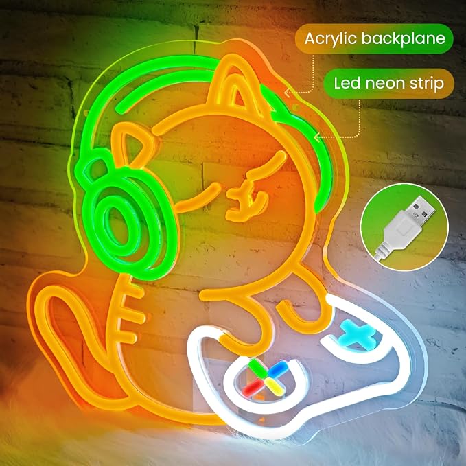 Cat Gaming Neon Sign for Wall Decor, Cute Gamer Cat LED Neon Light with Headphones & Game Controller, USB Powered Dimmable Gaming Room Neon Sign for Bedroom Desk Setup Man Cave Decor - Image 2