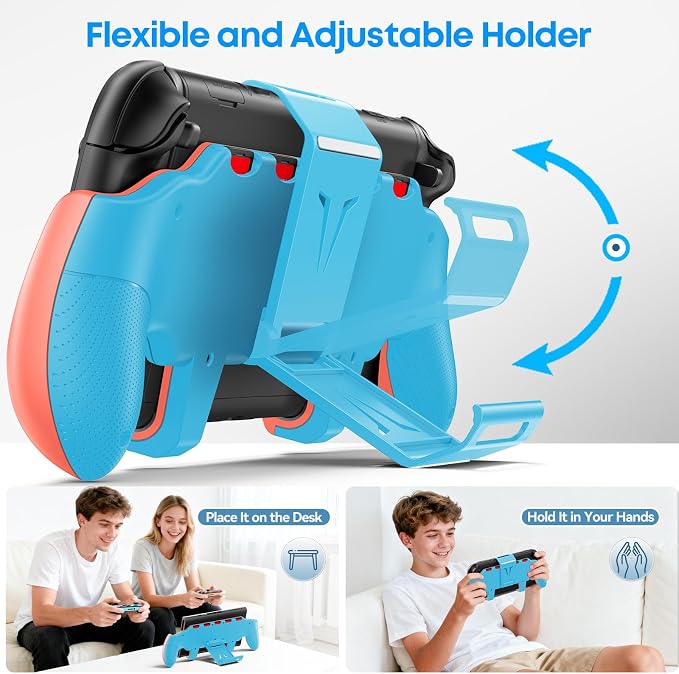 OIVO Grip Compatible with Nintendo Switch 2, Switch 2 Ergonomic Grip Case with Adjustable Stand, Comfort Game Accessories with 5 Game Card Slots and 4 Thumb Caps, Orange Blue - Image 4