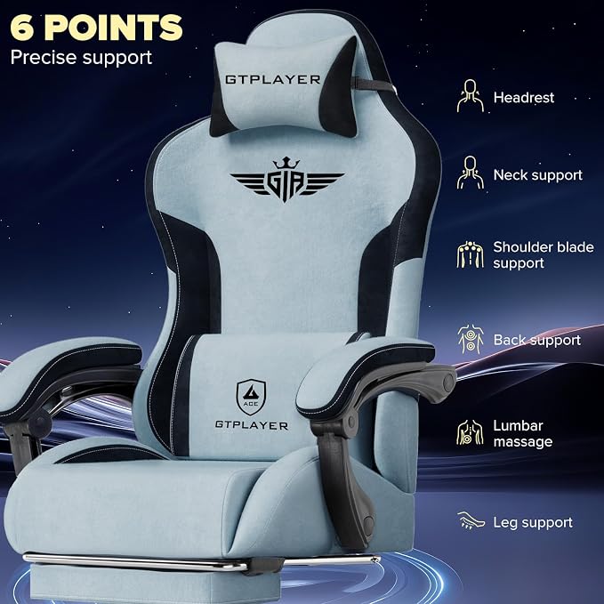 GTPLAYER Gaming Chair, Computer Office Chair Lumbar Support, Linkage Armrests and Footrest, Ergonomic Game Chair for Adults with Extended Backrest, Velvet Fabric, Light Blue - Image 5