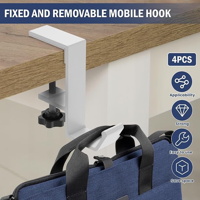 Clamp-On Under Desk Backpack Hanger, Clamp-On Under Desk Headphone Holder, Students' Desk Hook, with Adjustable Arm Clamp for Handbag and Purse Holder (White) - Image 5