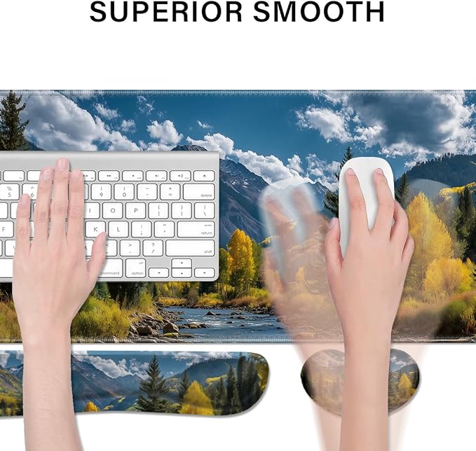 Desk Pad and Keyboard Wrist Rest, Large Mouse Pad + Keyboard Pad+Mouse Wrist Support, Non-Slip Desk Mat Protector for Office, Home 31.5×11.8 Inches Fall Forest - Image 2